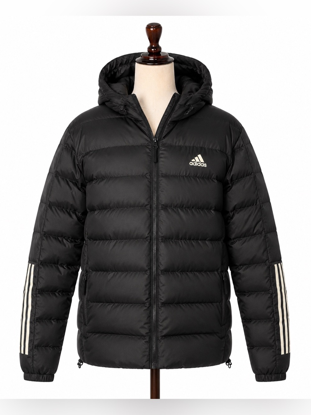 Adidas hoodie puffer jacket coat, black 3 stripes. Warmer weight, L